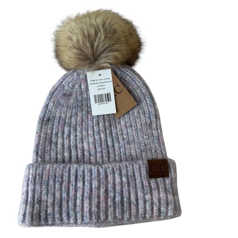 C. C Cozy Knit Pom Beanie Hat and Scarf Set - Multicolor Pinkish Purple Lavender - Picture 3 of 8